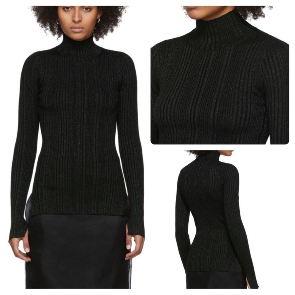 Helmut Lang Ribbed Mock Neck Sweater Black Metallic Green Fitted Knit Top M
